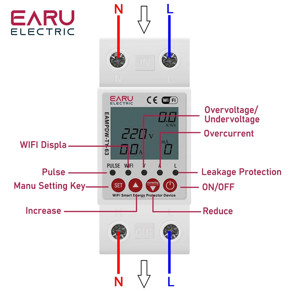 Imagem -03 - Terra Vazamento sobre sob Tensão Protector Dispositivo de Relé Switch Breaker Energia Power Kwh Medidor Circuito Inteligente Wi-fi 2p 63a Tuya App