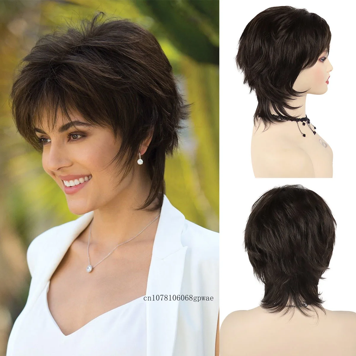 Natural Short Pixie Cut Wig with Bangs Synthetic Mullet Head Wig for Women Dark Brown Straight Hair Daily Cosplay Halloween Use