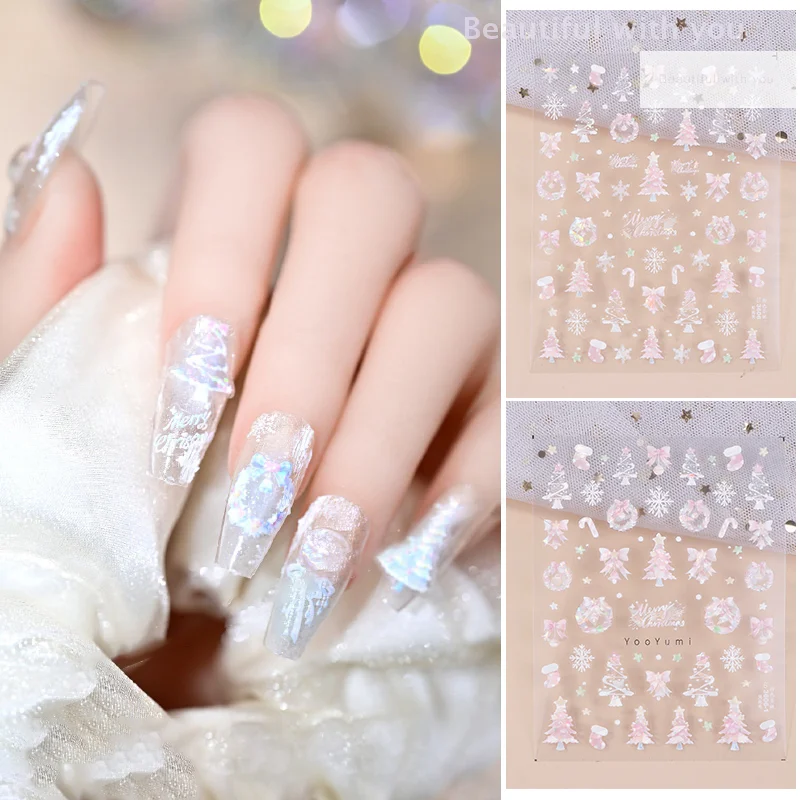 Christmas Nail Stickers Shiny Seashells Light Nail Art Parts Stickers Cute Snowflakes Star Wreath Nail Decorations Decals