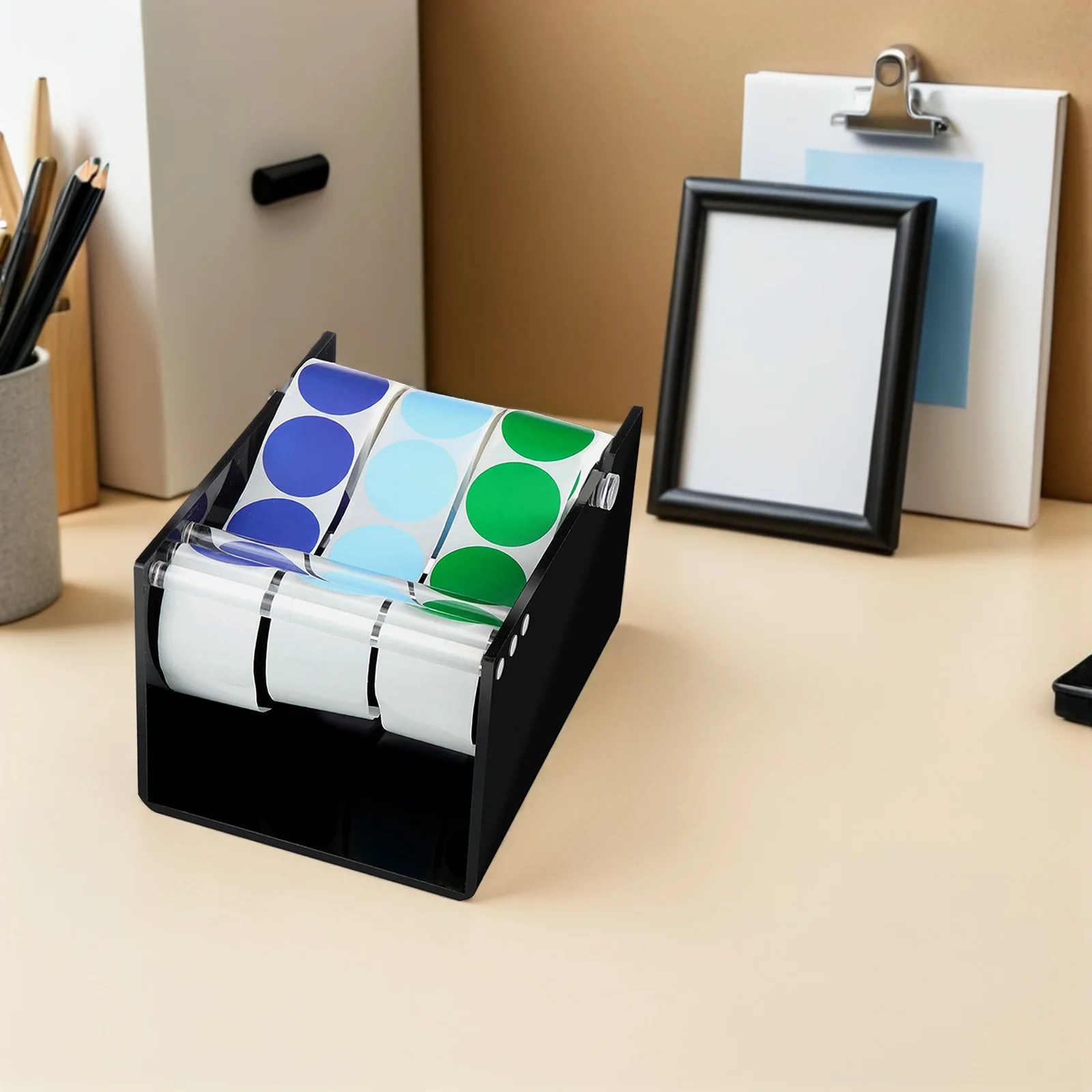

3-Disk Label Roll Holder Dispenser Adjustable Acrylic Desktop Tape Organizer For Sticker Storage Rack Office Warehouse School