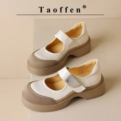 Taoffen Brand Casual Loafers For Women Sheepskin Square Heel Metal Buckle Strap Pumps Mature Round Toe Square Heel Office Shoes