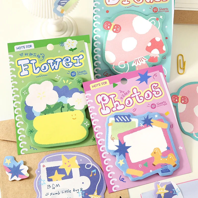 30 Sheets Colorful Dreamland Series Sticky Notes Cartoon Mushroom Flower Vase Pattern Student Memo Message Paper Office Supplies