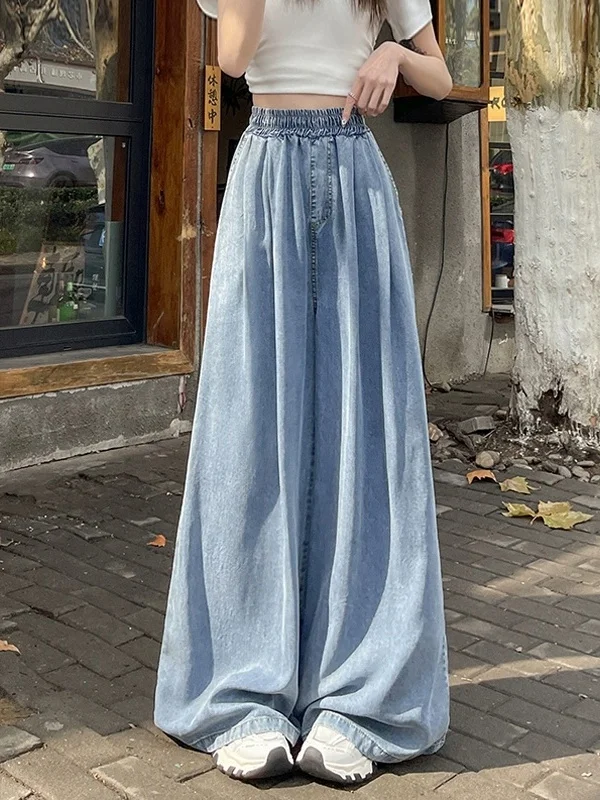 Retro Silk Denim Pants Women Summer Thin Ice Silk Wide Leg Pants Pear Shape Straight Loose Slimming Floor-Length Pants