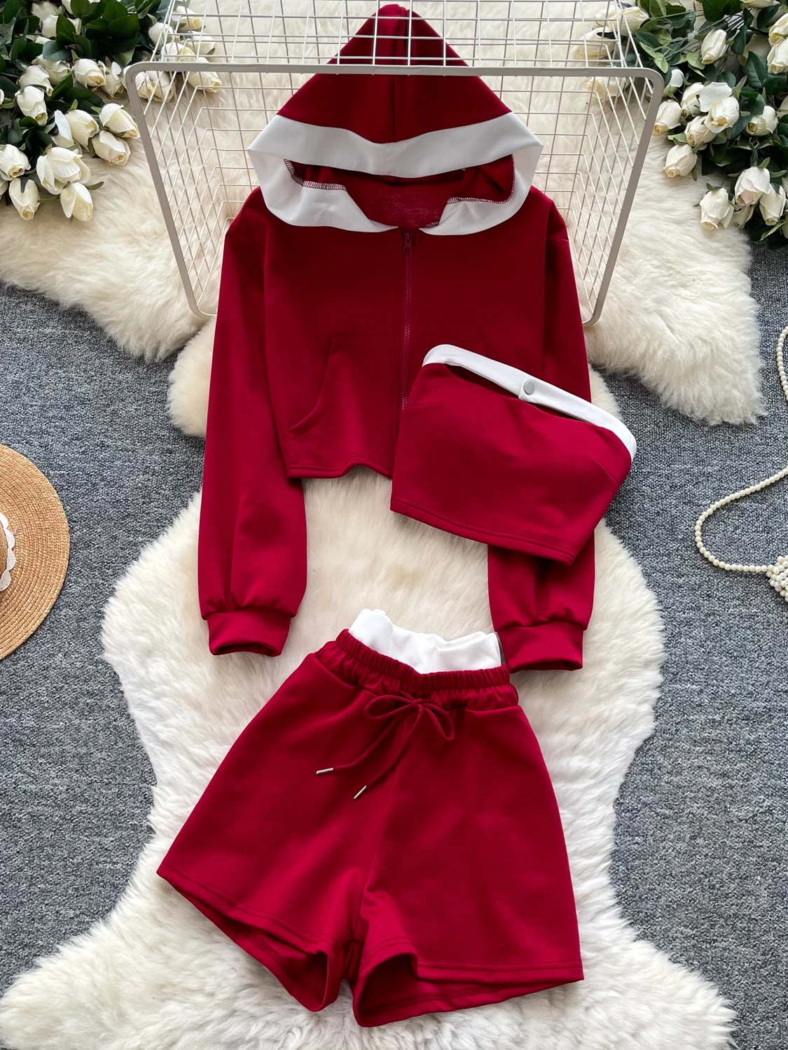 Red Three-Piece Set Women's Autumn Hooded Open Cardigan Jacket Short Pants Slimming Ensemble Commute Style Casual Workwear