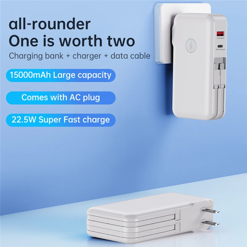 

22.5W Fast Charging Portable Charger 15000mAh Power Bank for iPhone 15 Pro Samsung S22 Xiaomi 14 Powerbank with AC Adapter Cable