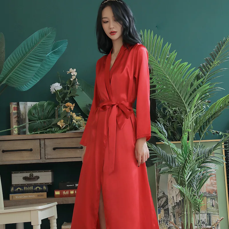 Female Home Dressing Gown Ultra Long Kimono Bathrobe Gown Solid Satin Homewear Women Sexy Sleepwear Bath Gown Loungewear