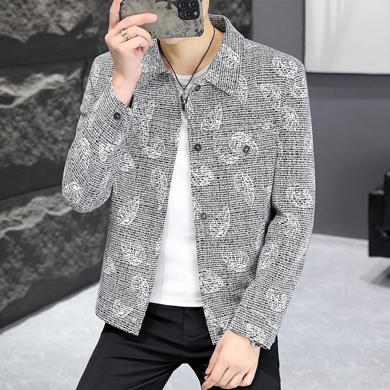 2024 Autumn Leaf Jacquard Men's Jacket Slim Fit Lapel Casual Business Coats Long Sleeve Social Office Outwear Windbreaker Tops