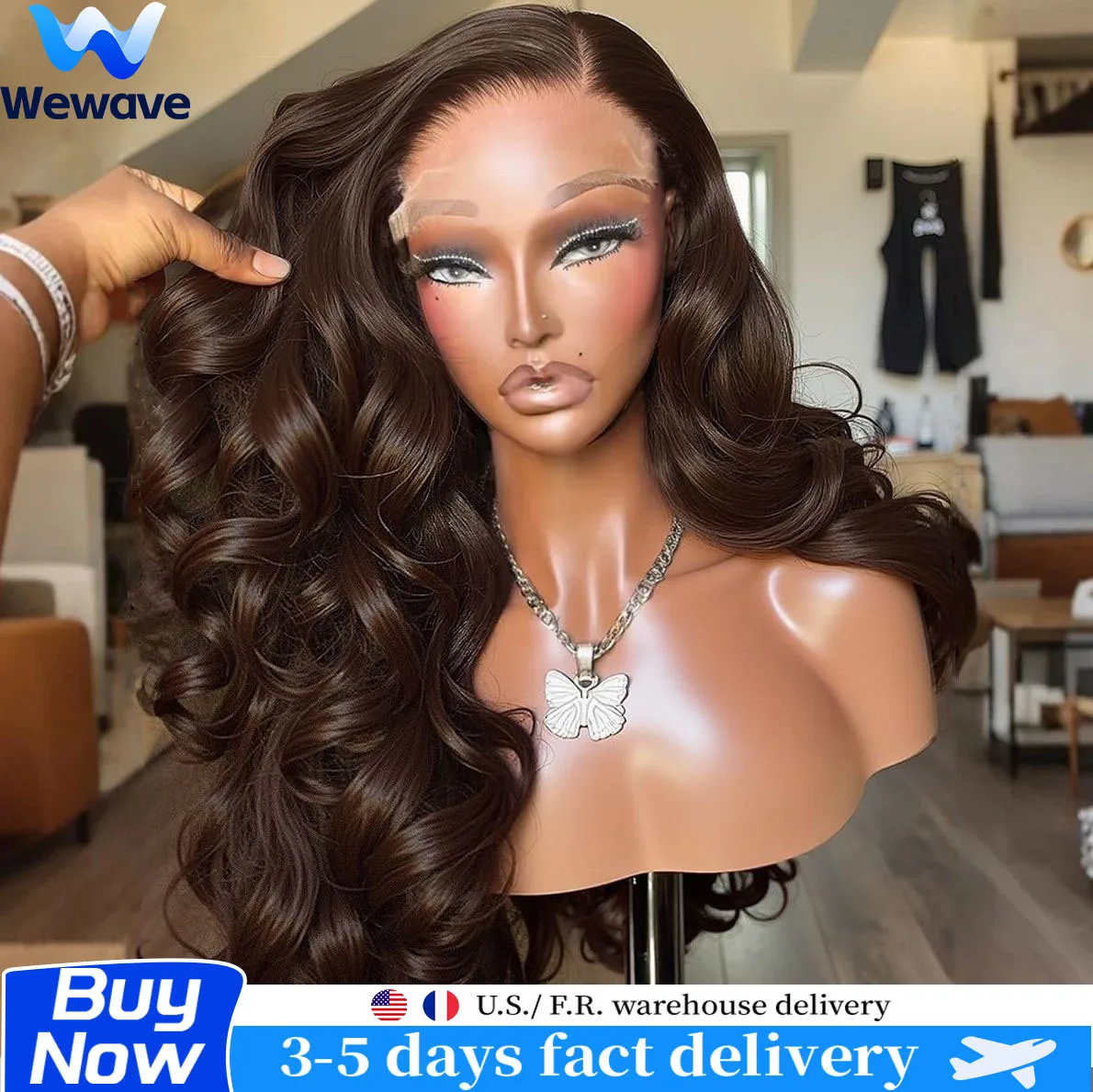 

Парик Wewave из натуральных волос, шоколадно-коричневый, 13x6, с HD-кружевом, волнистый, предварительно выщипанный, плотность 200%, с кружевной передней частью, для женщин