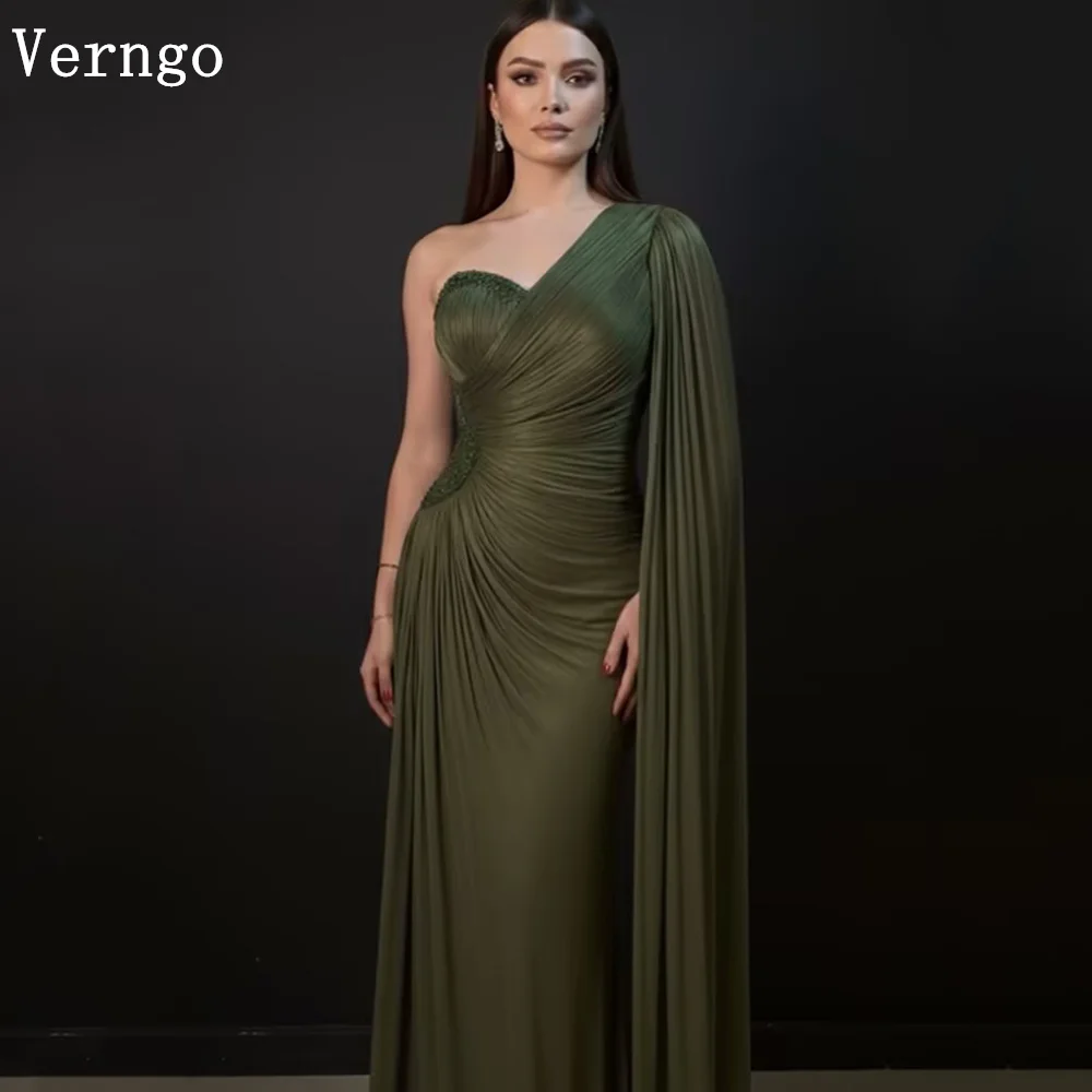 Sukienka wieczorowa Verngo, zielona, błyszcząca, z cekinami, tiulowa, na jedno ramię, krój syreny, elegancka suknia na formalne okazje, bal maturalny, możliwość personalizacji.