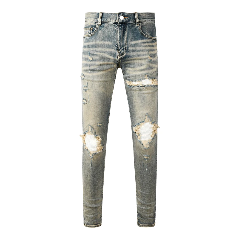Designer Fashion New Men's Jeans Perforated Patch Washed Nostalgic Stretch Slimming Light Blue Jeans Hip Hop Brand Pants