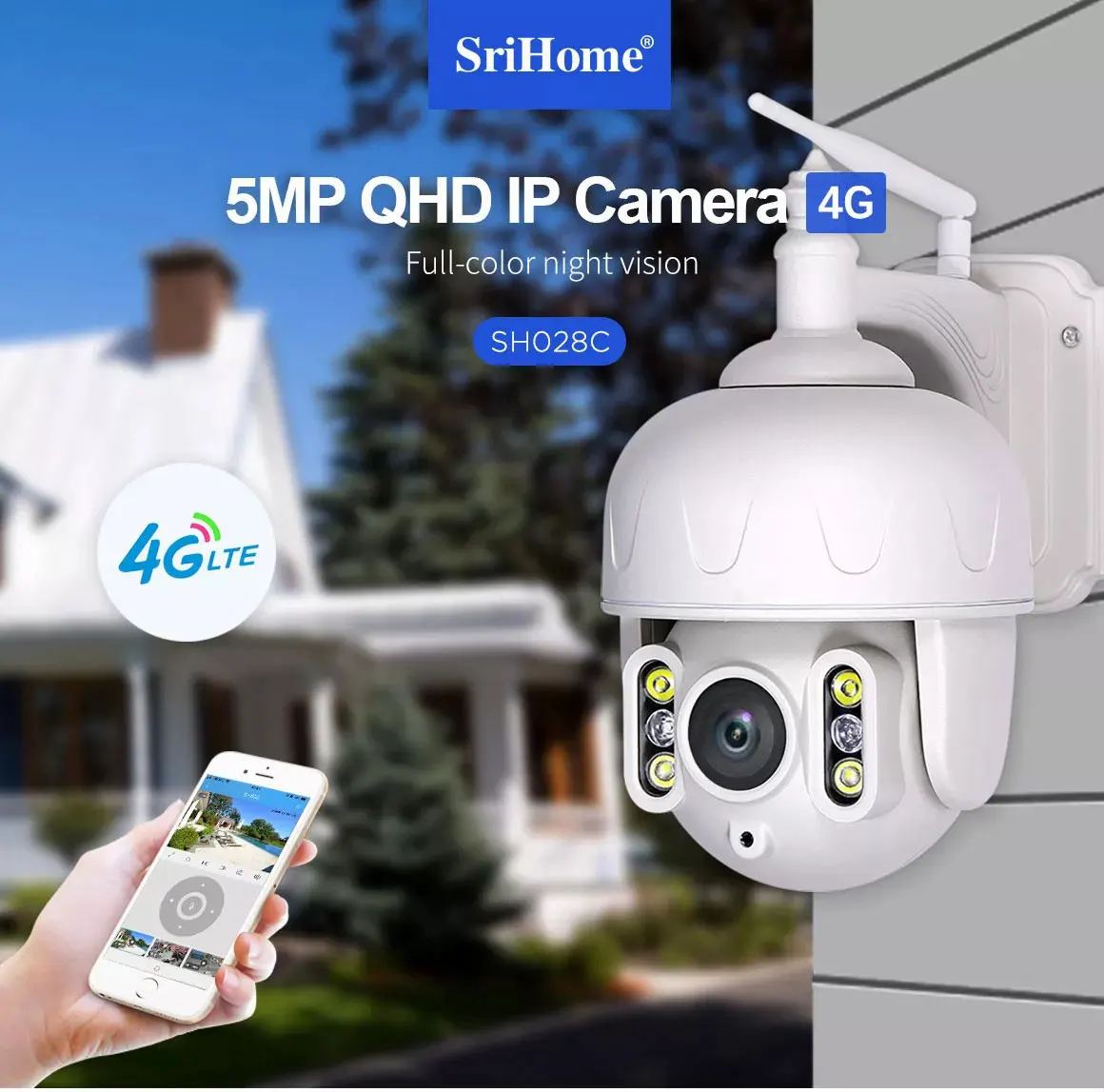 Srihome SH028C 5.0MP 4G Module CCTV IP Camera Outdoor IP66 Waterproof Mobile Remote View Video Surveillance Security PTZ Camera