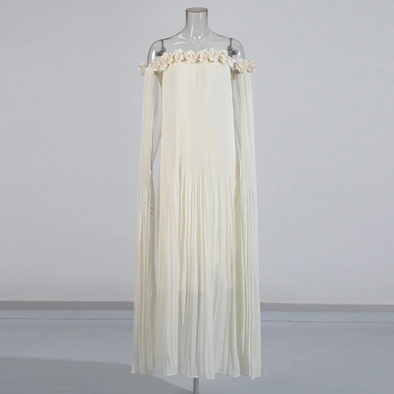 3D ดอกไม้ Splicing จีบชุดฤดูใบไม้ผลิผู้หญิงแขนกุด Slash คอปิดชุดไหล่ฤดูร้อนเอวสูงชุดลูกวัวกลาง