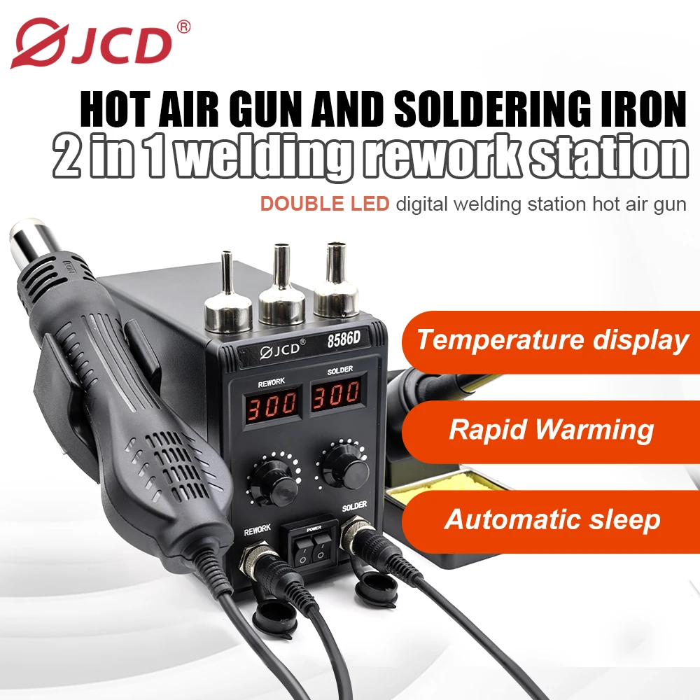 JCD 750W stazione di saldatura 2 IN 1 pistola ad aria calda LCD doppio Display digitale saldatore elettrico stazione di rilavorazione saldatura SMD