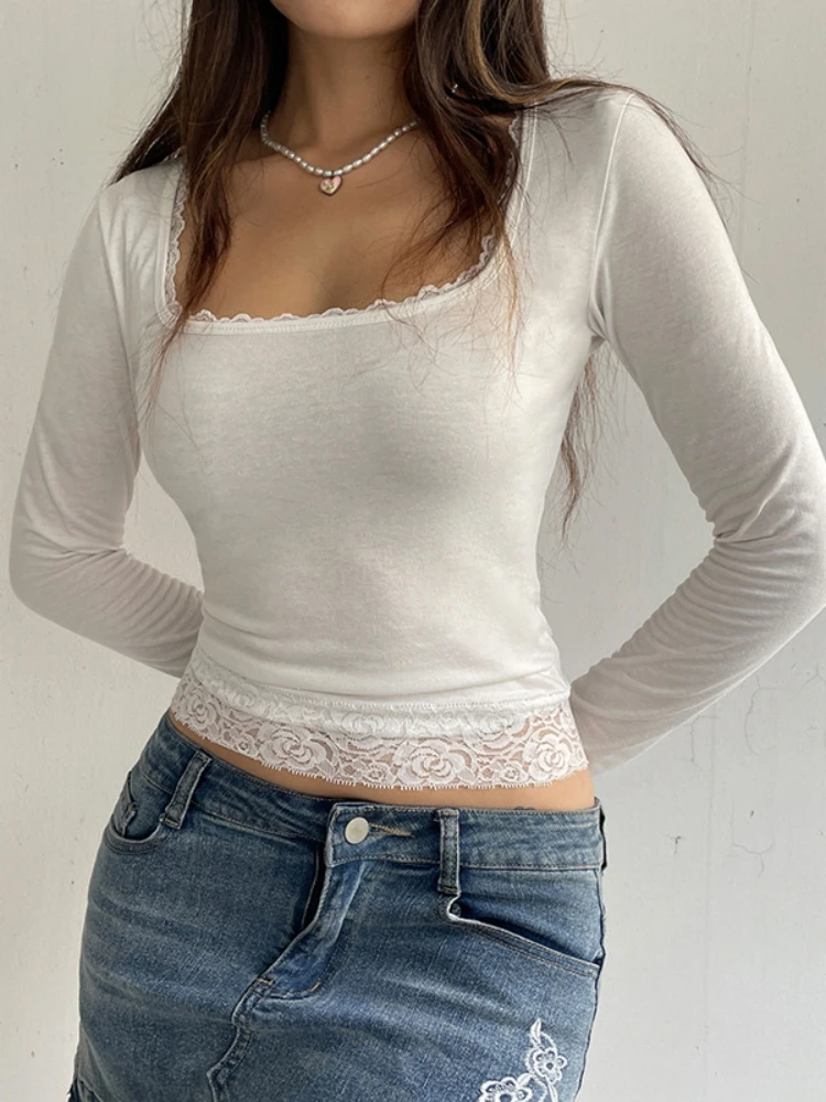 T-shirt manches longues en dentelle pour femme, haut court, Sexy, vêtements de printemps et d'automne, Streetwear Y2K, noir, blanc, rose, T-shirts courts pour femmes