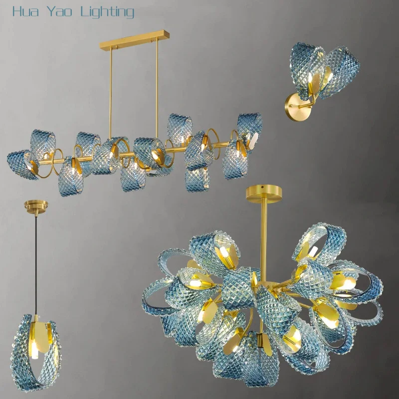 

Nordic Copper Pendant Lamp Modern LED Blue Peacock Leaf Glass Designer Hanging Chandelier Villa Luxury Stained Glass Chandelier