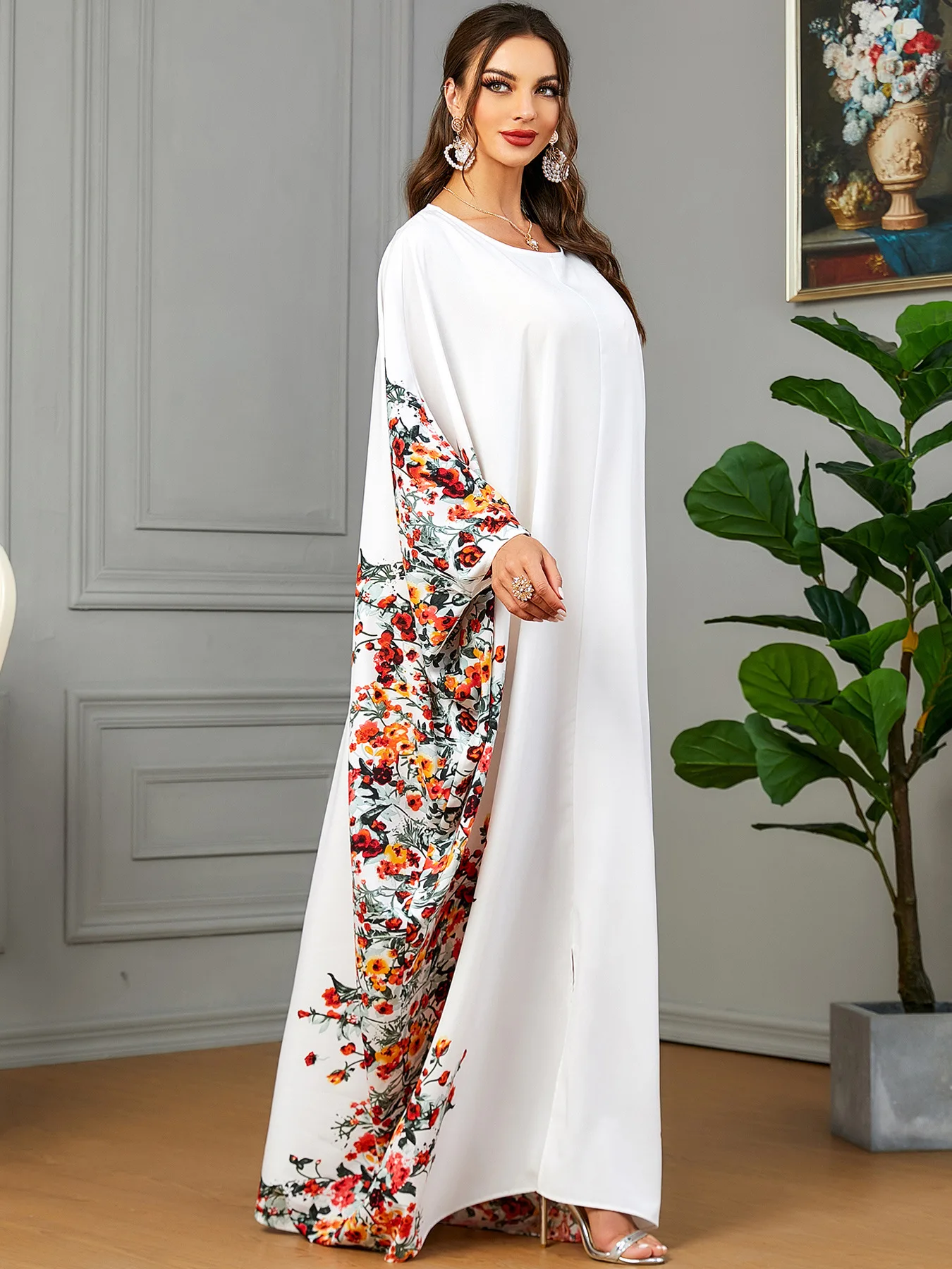Eid Muslim Party Dress for Women Ramadan Abaya Bat Sleeve Print Long ...