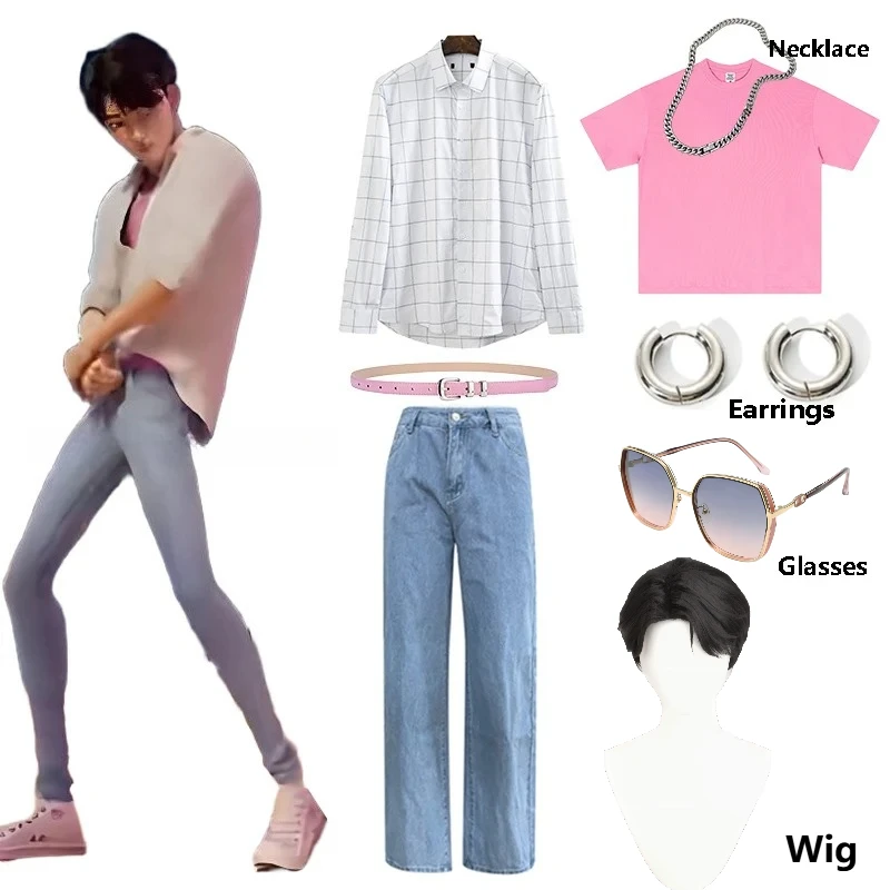 

Sajaboys Jinu Cosplay Costume Man KPop Demon Hunters Wigs Anime Movie Role Play Sunglasses Stage Dress Up Necklace and Earrings