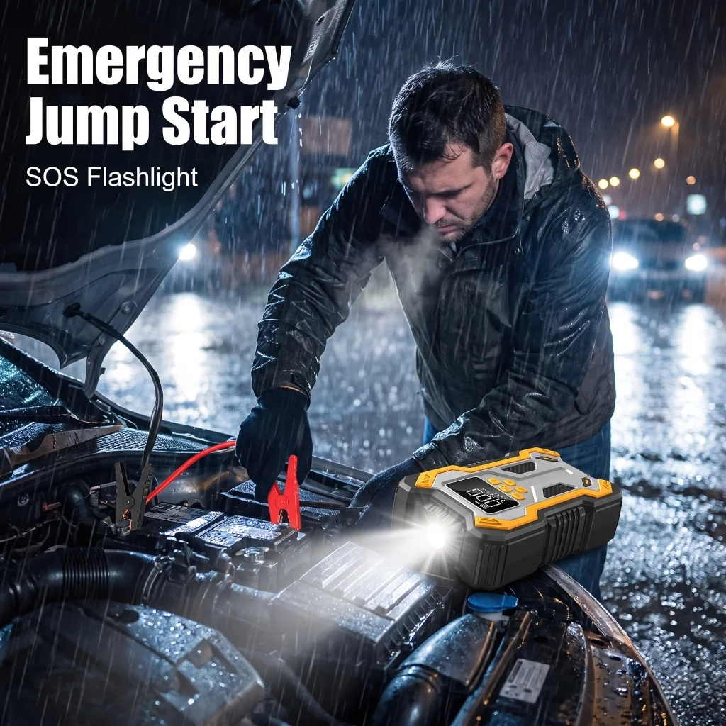 Car Jump Starter All-in-One 6000mAh,1500A Peak Current,Built-in Air Inflator,Smart Battery Clamp,Portable Grid Storage Bag,12V Jump Starter for ≤2.0L Petrol & ≤1.5L Diesel Car,LED Emergency Light,SOS,Power Bank Function view 4