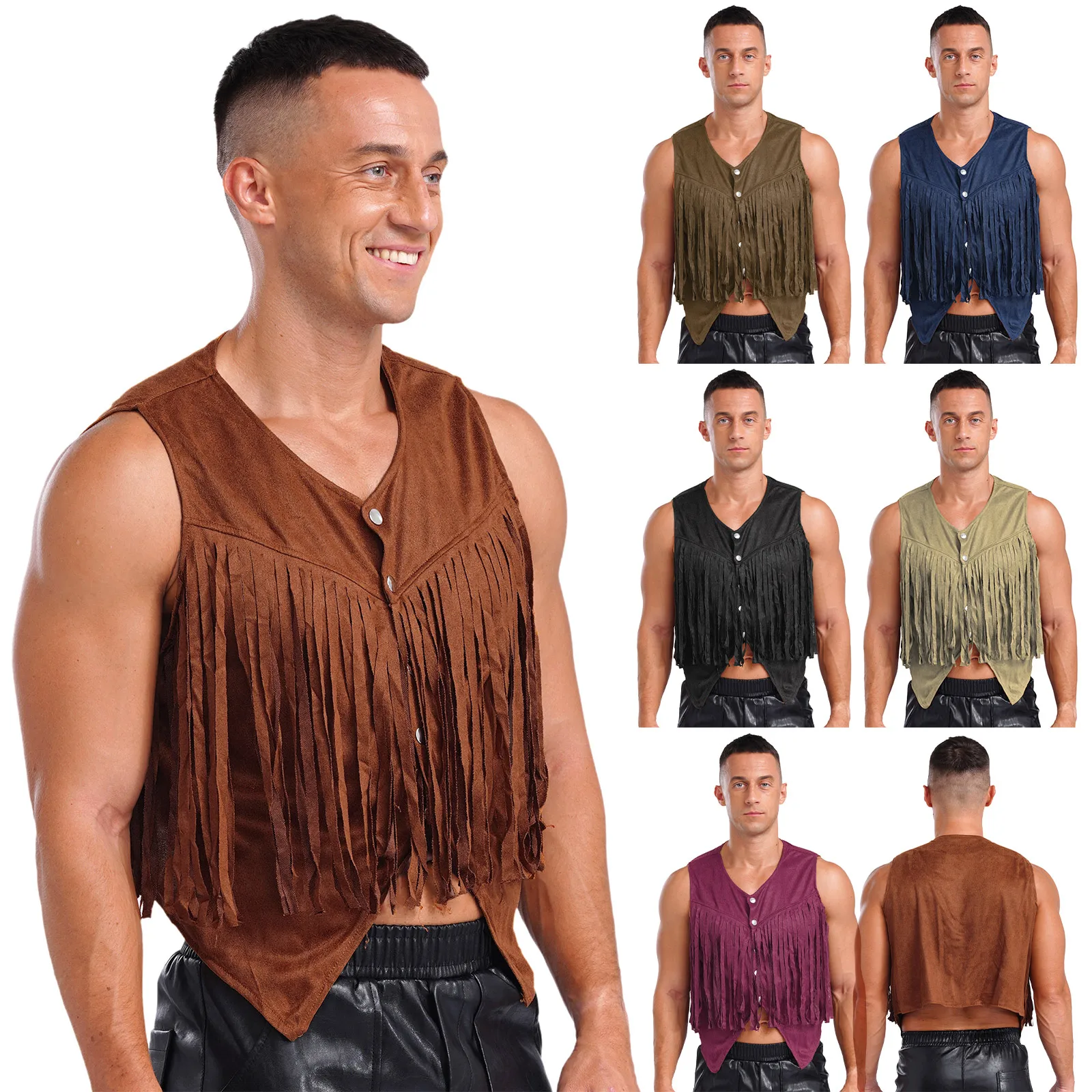 Mens Vintage Fringe Vest Faux Suede Tassel Waistcoat Irregular Hem Sleeveless Jacket for Halloween Theme Party Rock Concert