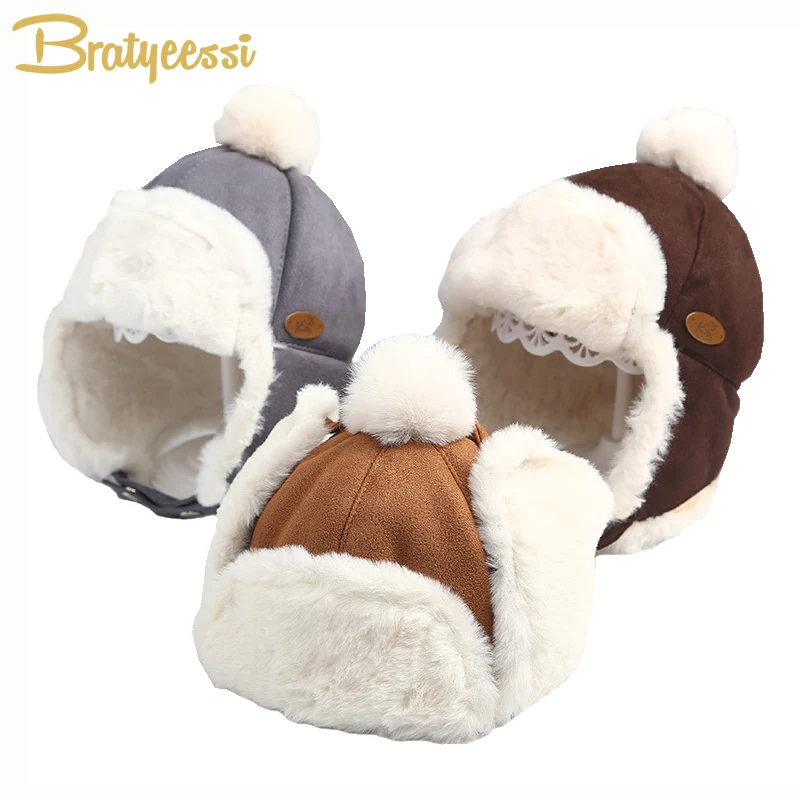 Faux Fur Baby Winter Hat for Girls Boys Skiing Infant Bonnet Baby Cap with Earflap Pompom Plush Lining Toddler Beanie 1-3Y