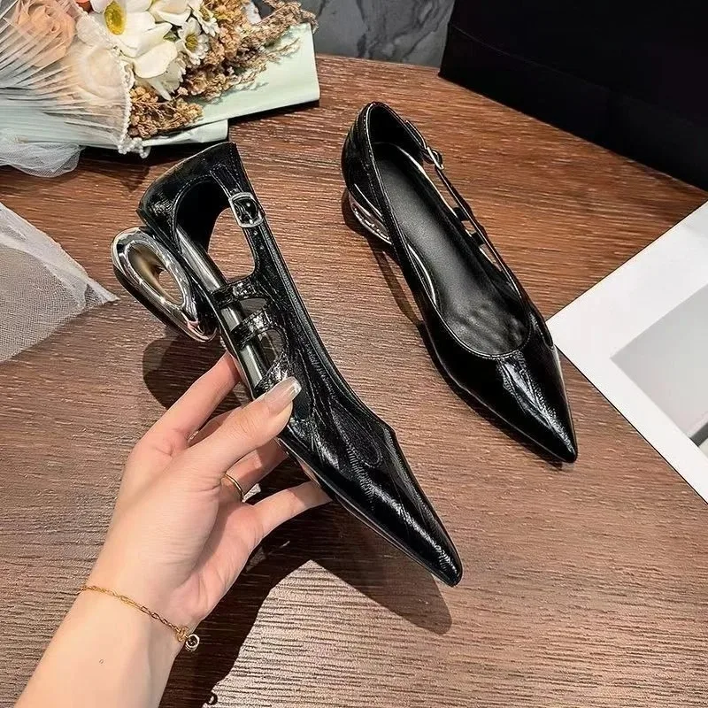 انقطاع كعب منخفض حذا فردي للسيدات أشار تو الفم الضحلة حزام واحد عدم الانزلاق مقاومة للاهتراء كتلة كعب الأحذية #1