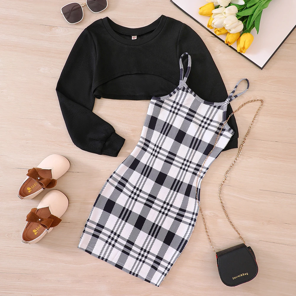 Mid Size Girls' Autumn And Winter New Long Sleeved Short Top+Plaid Suspender Wrap Hip Skirt Set