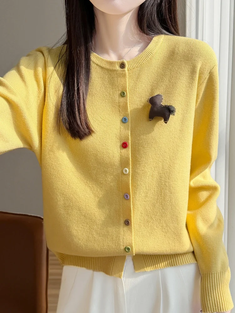 

Весенне-осенний корейский вязаный желтый кардиган с круглым вырезом и пуговицами, мягкая ткань, женский дизайн