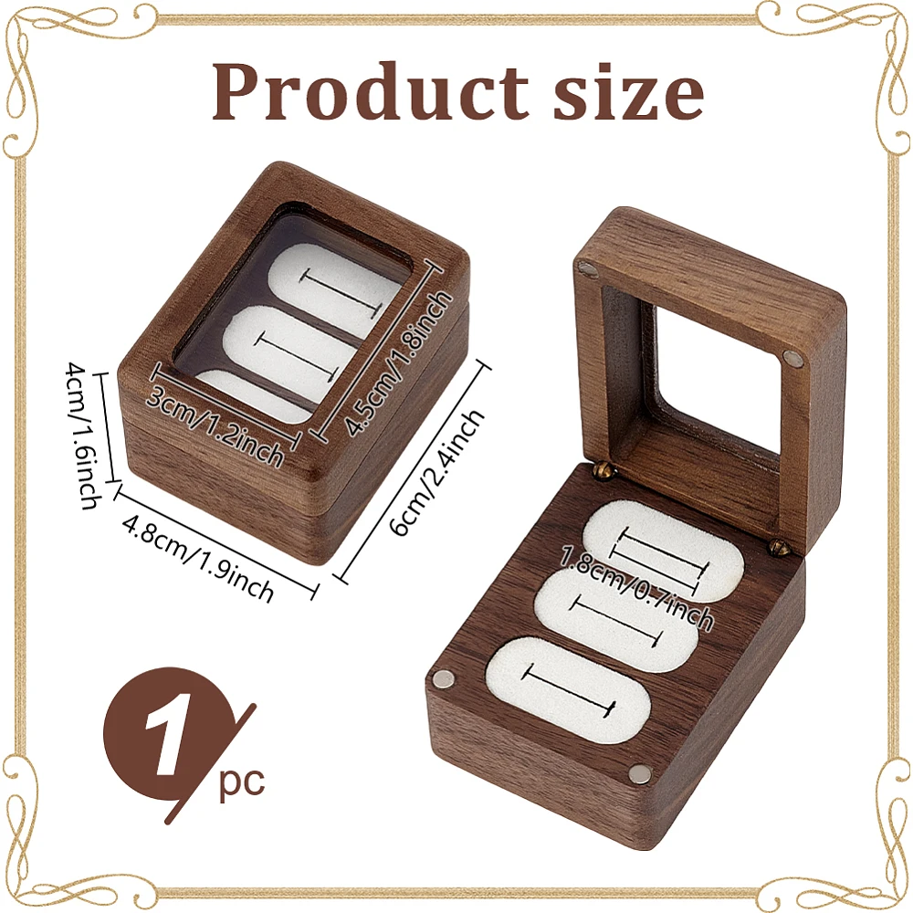 Wood 3 Slot Ring Box with Glass Lid for Wedding Proposal Walnut Wood Ring Bearer Cube Flip Box 3 Ring Storage Box with Lid view 4