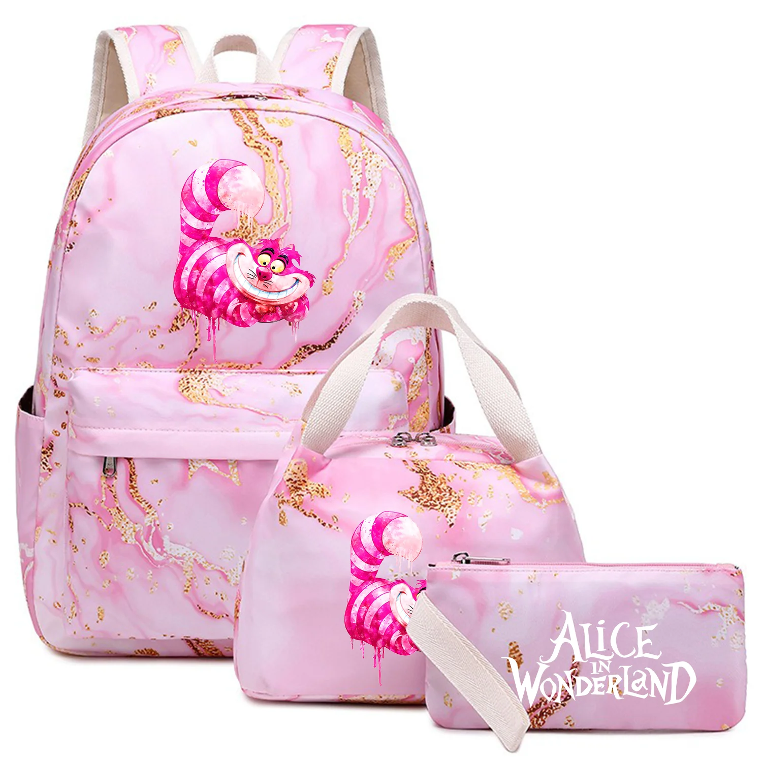 3Pcs Alice in Wonderland Kids Backpack Large Capacity Student Waterproof Schoolbag Boys Girls Pen Lunch Bags Travel Mochila