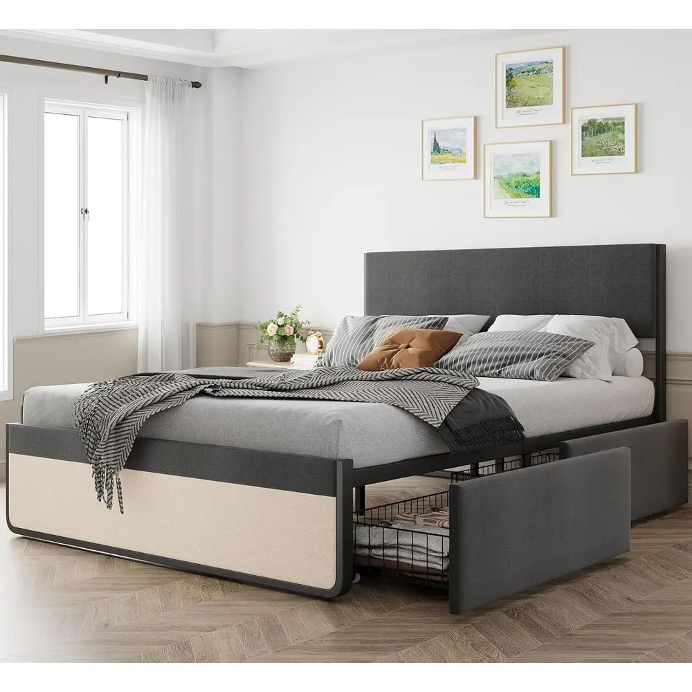 

Серая льняная кровать размера «queen-size» с ящиками для хранения вещей, металлическая опора для планок, без коробчатой пружины, простая сборка, тихий