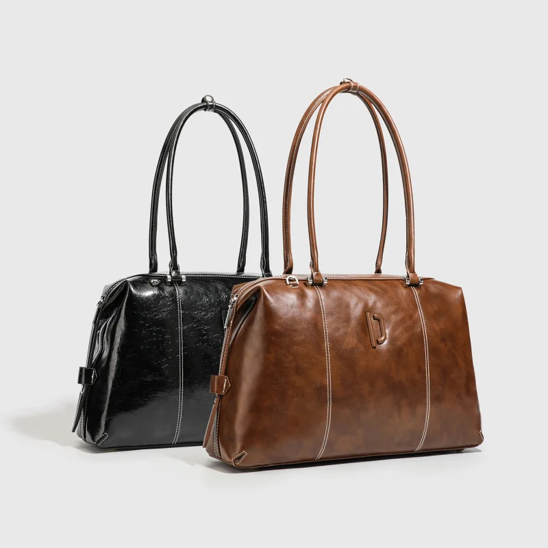 NewpecoClown البولينج BagpuLeather النفط الشمع مقبض طويل يده حقيبة تحت الإبط الرغيف الفرنسي سوبر شعبية بوسطن حقيبة