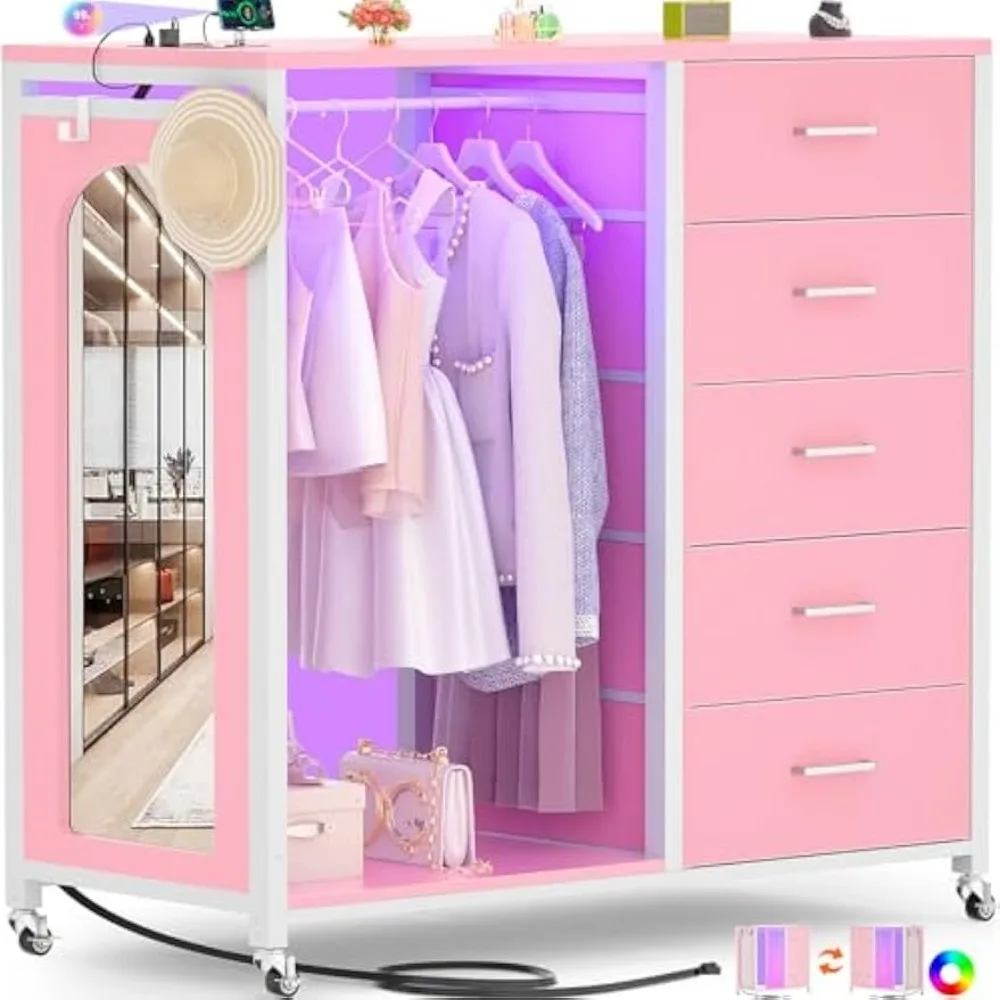 Cómoda de dormitorio con perchero, espejo, 5 cajones de tela, estación de carga, luces LED y función rodante