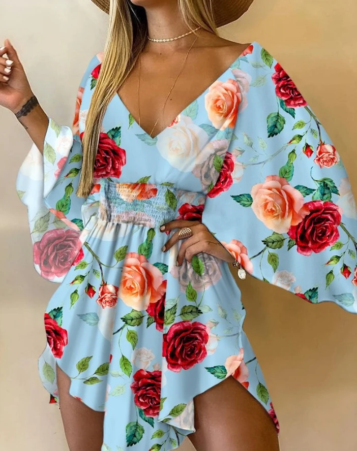 Robe de vacances froncée à imprimé floral pour femmes, col en V, manches chauve-souris, demi-manche, décontracté, mode printemps, 2024