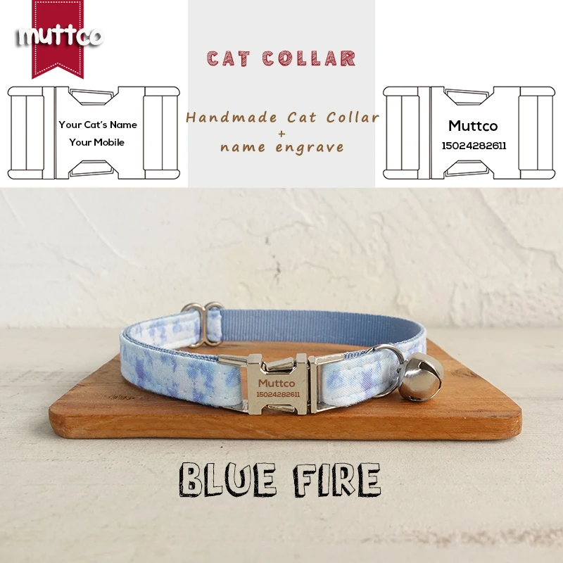 MUTTCO Retailing engraved nice self-design personalized cat collars BLUE FIRE  handmade collar  2 sizes UCC137