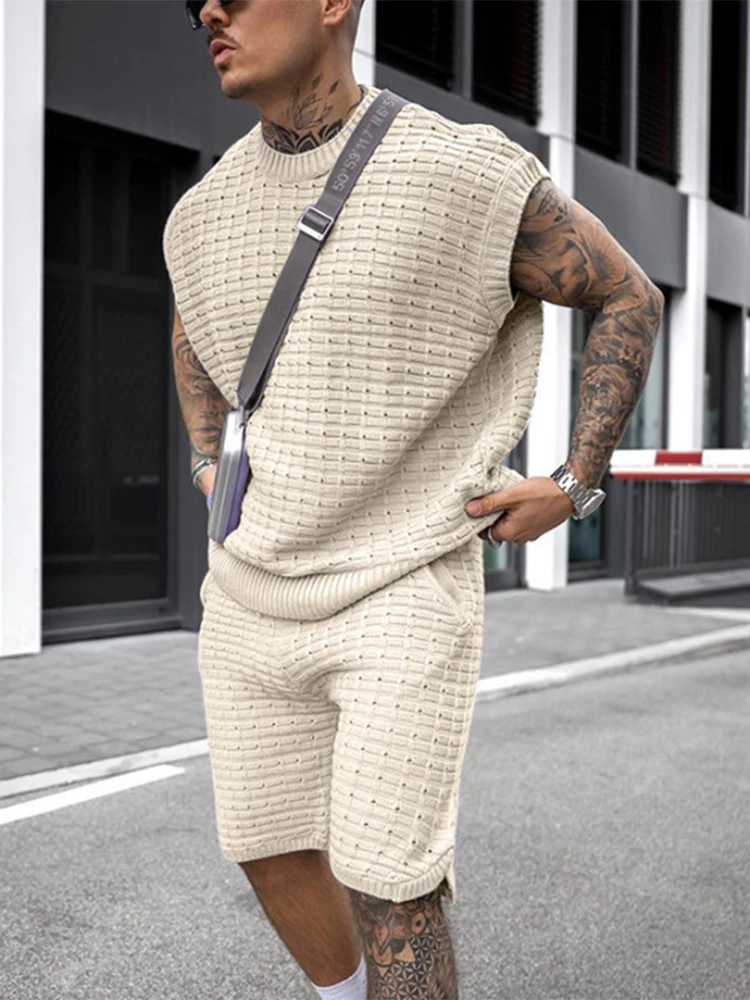 Streetwear 2022 Summer Men Fashion Outfits Knitted Solid Color Loose Two Piece Sets Mens Casual O Neck Pullover And Shorts Suits