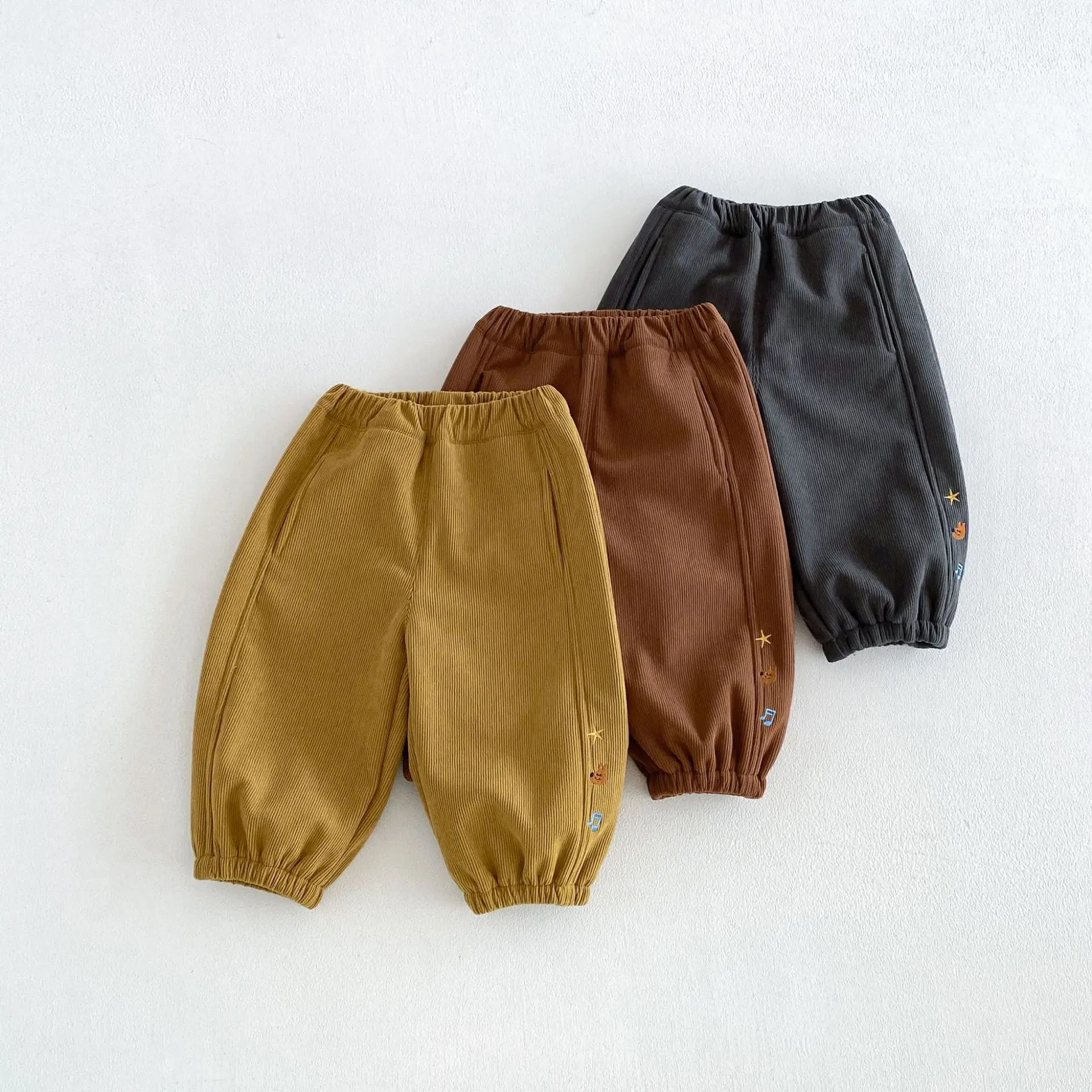 2026 Winter Kids Pants Fur Lining Boy Trousers Corduroy Girls Pants Embroidery Kids Warm Pants