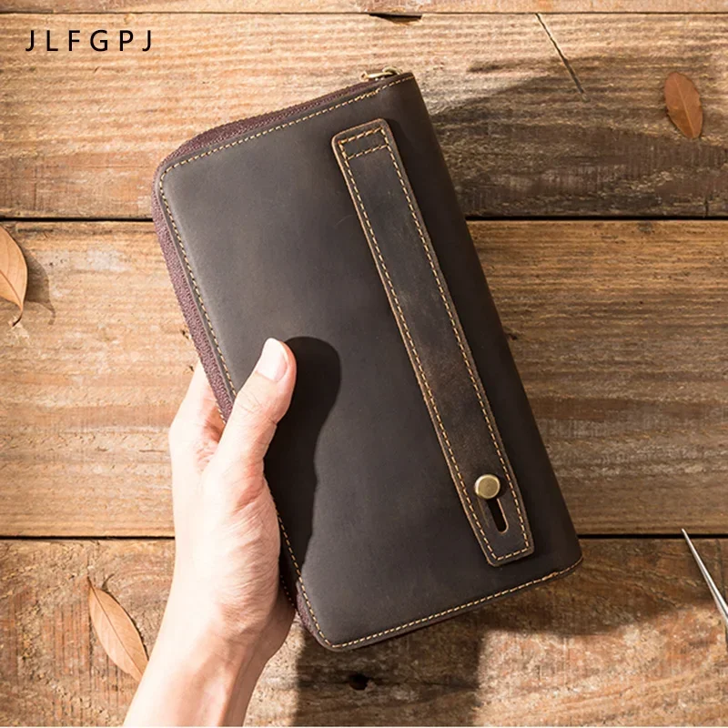 Handmade Retro Crazy Horse Leather Long Wallet Men's First Layer Cowhide Zipper Multi Card Versatile Mobile Phone Bag