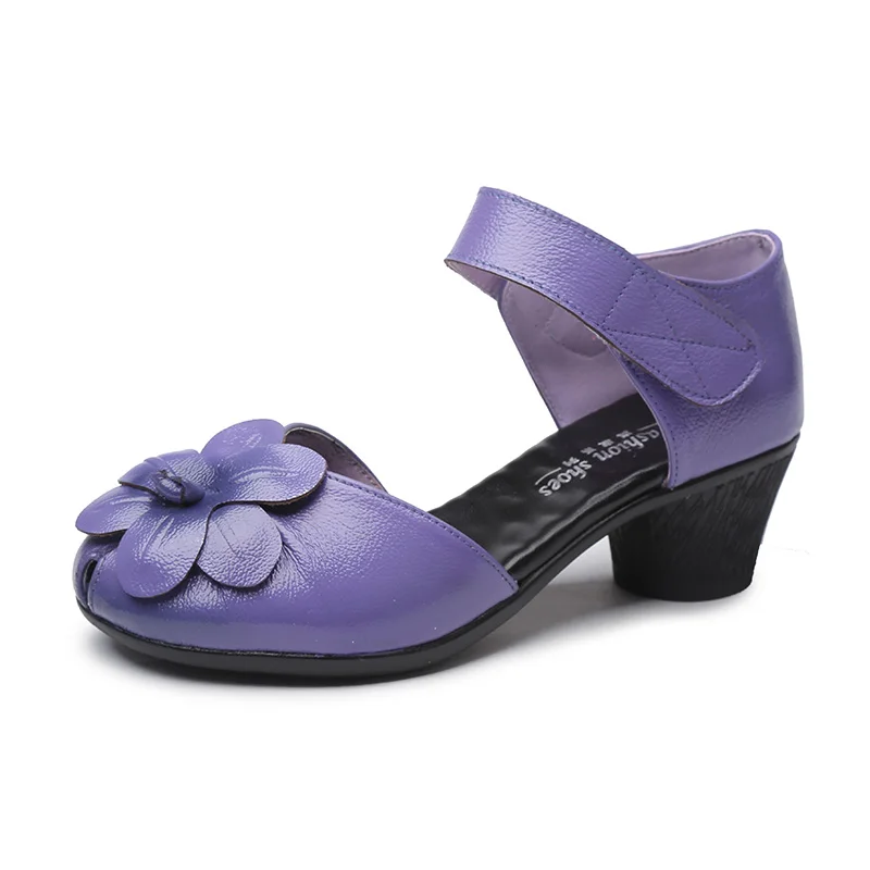 

2024 new fashion women floral sandals purple leather Hhels Shoes femme mom designer mary Janes classic Sandal