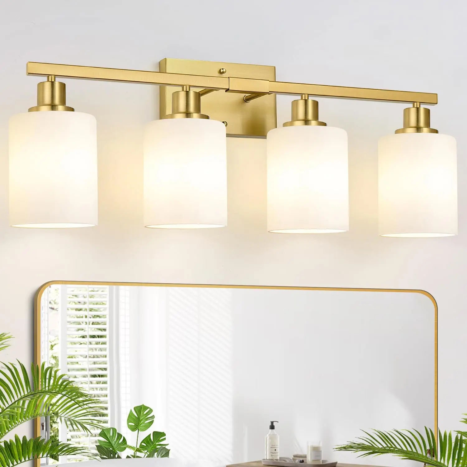 

4-Light Brushed Gold Vanity Light with Milky White Shades, Modern Bathroom Wall Lamp 27.2in