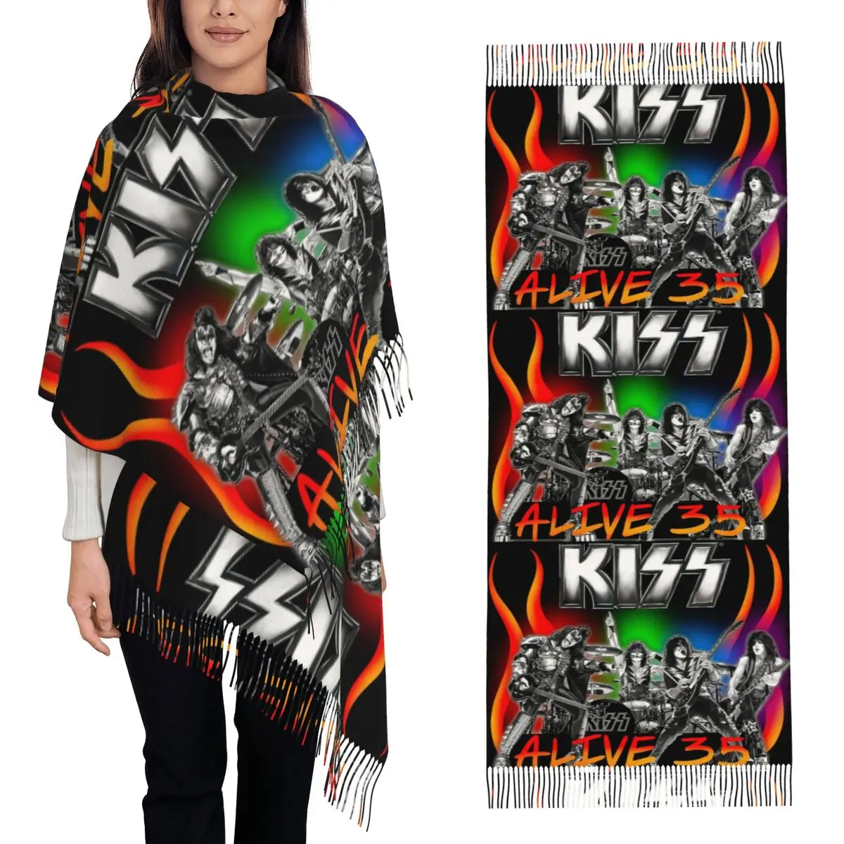 

Heavy Metal Rock Music Band Kiss Шарф Шарфы с кисточками для женщин Мягкие теплые шали и накидки Большая осенне-зимняя шаль