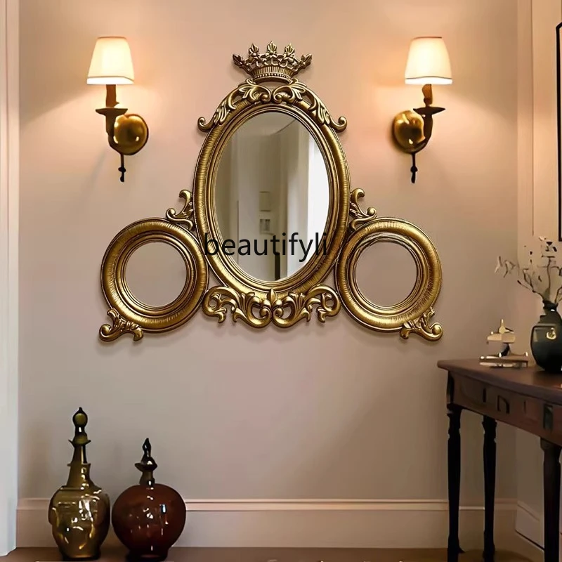 

Bedroom wall-mounted makeup mirror villa bedroom creative carved three-sided mirror, retro fireplace decoration