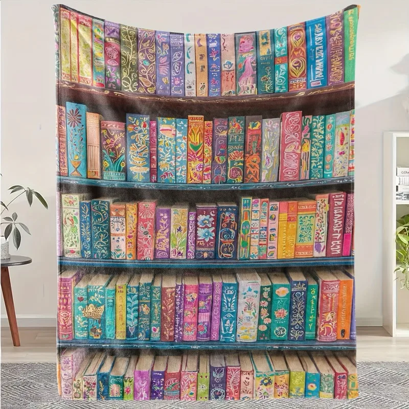 Vintage Bookshelf Flannel Throw Blanket, Colorful Decorative Book Spine Print Soft Warm Blanket for Sofa Bedroom Home Decor