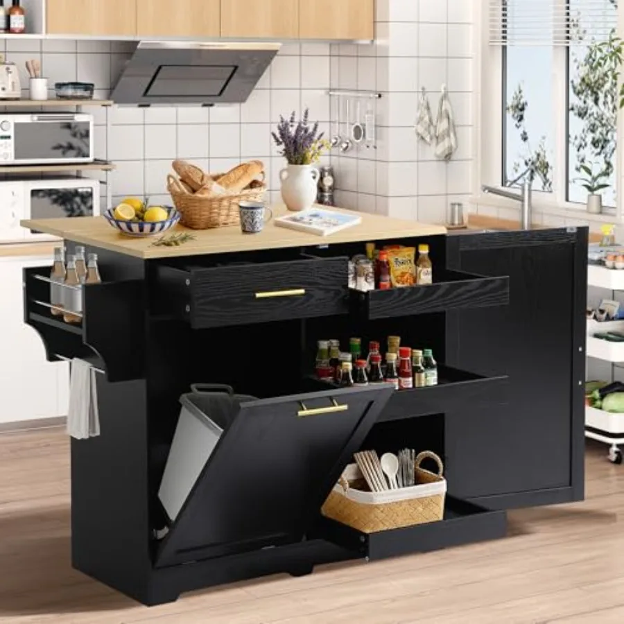 Kitchen Island with Trash Can Storage Drop Leaf on Wheels: stainless steel, matte black, space-saving modular design