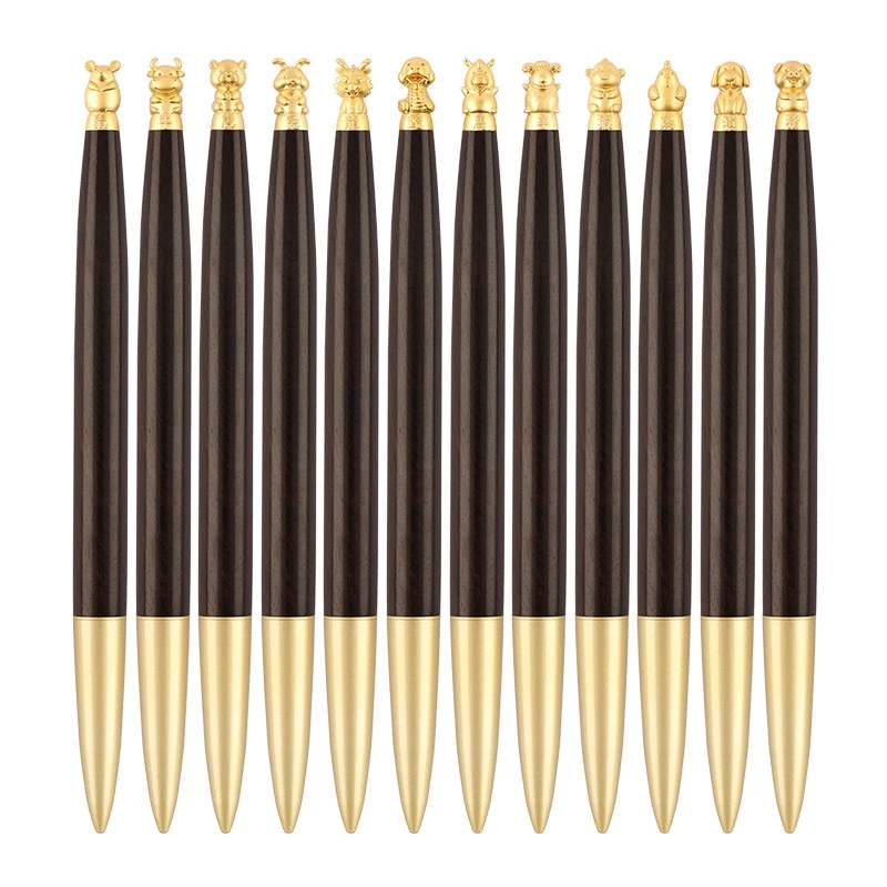 

12Pcs Wooden Brass 12 Zodiac Neutral Pen Business Office Writing Practice Writing Signature ballpoint Pens