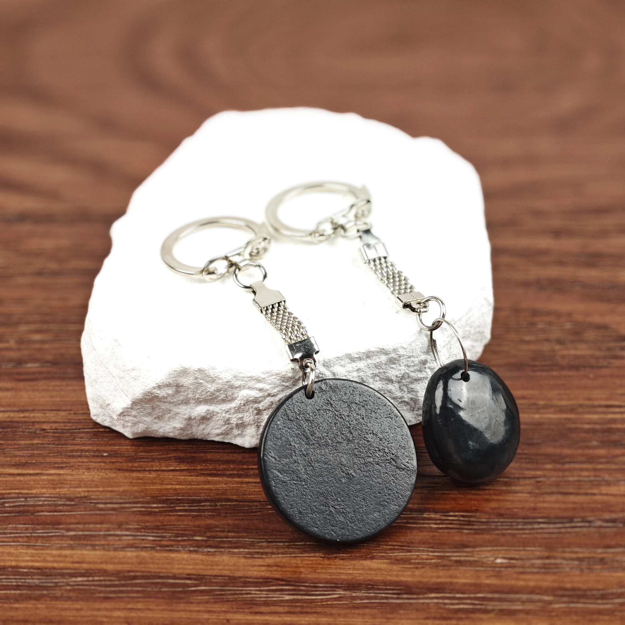 

Polished Shungite Keychain - Handcrafted Shungite Crystal Keyring for Wellness and Balance