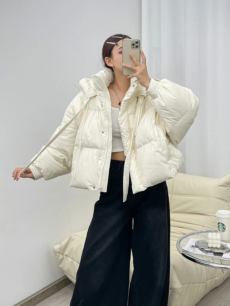 Korean style Lace up short down jacket for women 2023 Fall winter Oversized Hooded puffer coat Fluffy Solid Clothing INKEO 3O179