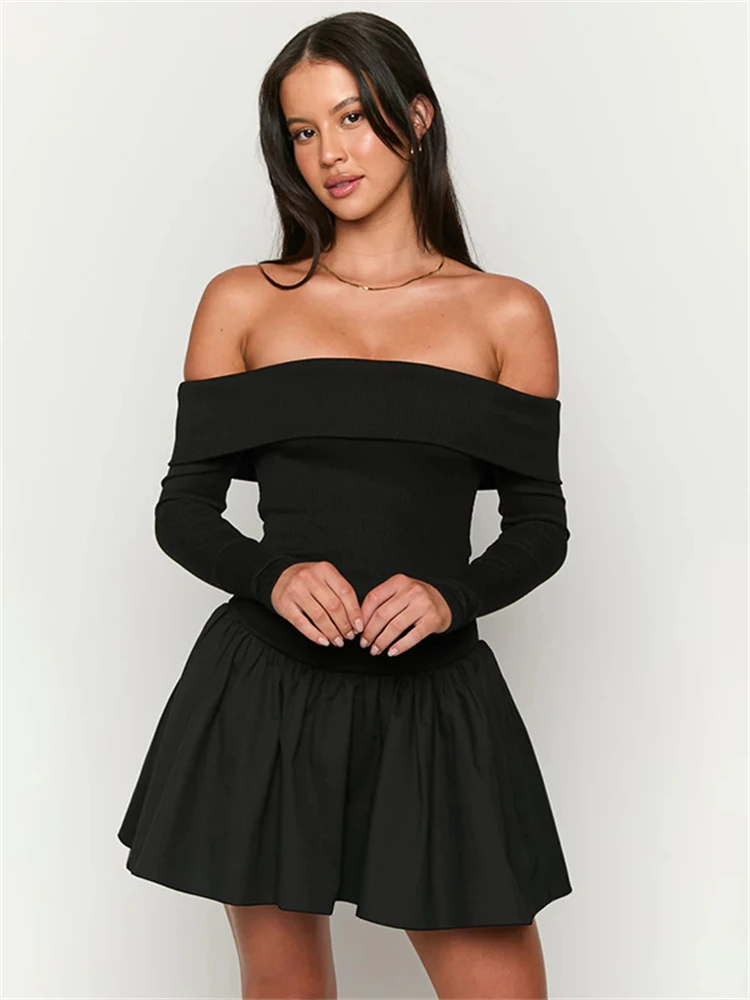 Absobe Solid Black Fold Over Off Shoulder Puffy Mini Dress Women Long Sleeve Backless Slim A-Line Short Dress Autumn Partywear