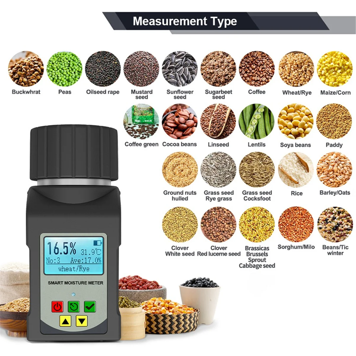 New Intelligent Grain Moisture Meter Hygrometer Humidity Tester for 25 Kinds Grains Rice Wheat Coffee Bean Seeds Pea