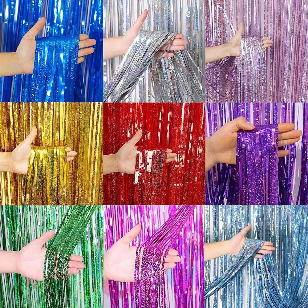 2 Stück 1*2M Holografischer Lila Folien-Fransenvorhang Lametta-Hintergrund für Geburtstag Hochzeit Party Fotobox Dekorationen Zubehör – Detail 5