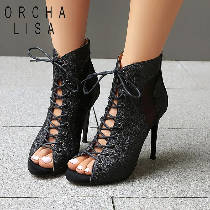 

ORCHA LISA 2025 Bling Women's Ankle Boots Peep Toe 9.5cm Stiletto Zipper Lace Up Mixed Plus Size 43 46 Sexy Party Summer Booties